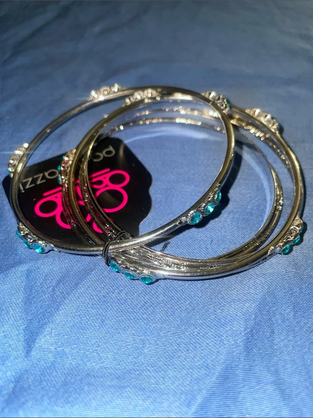 NEW Silver-Tone Hoop Earrings and Bangle Set with Teal Accents